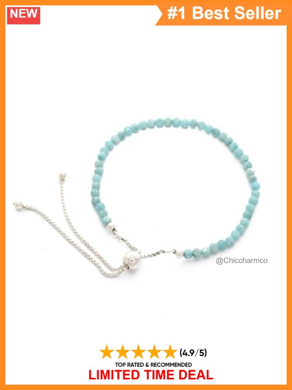 3mm Round Natural Larimar Adjustable Bolo Bracelet Sterling Silver